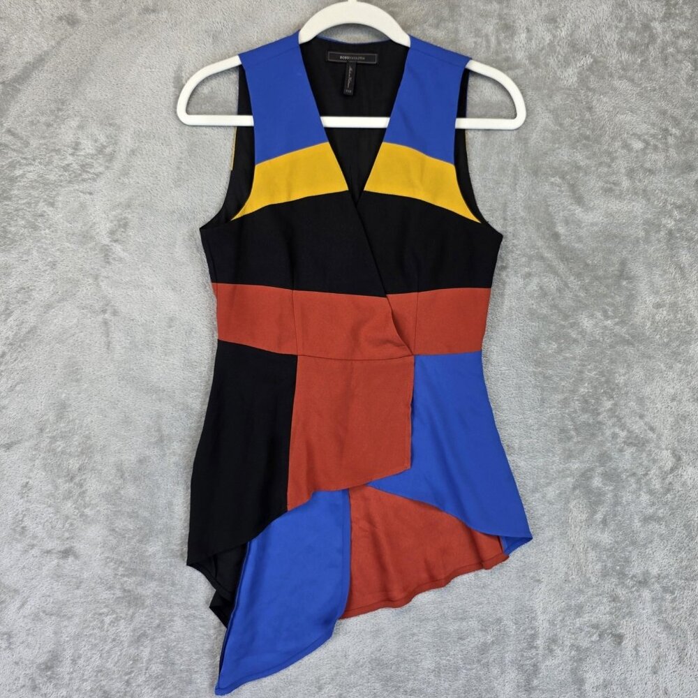 BCBGMAXAZRIA Top Womens XXS Multicolor Sleeveless Asymmetrical Hem Colorblock